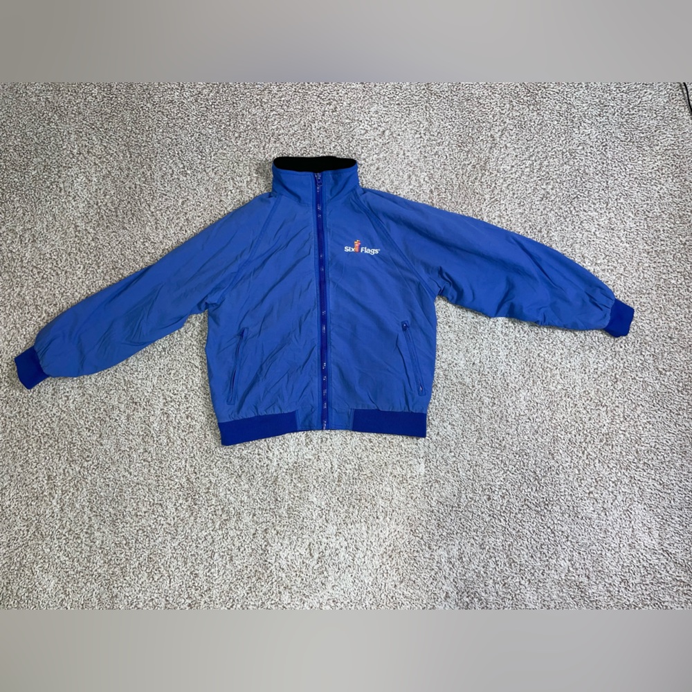 Vintage 1990's Six Flags Hooded Fleece Blue Jacket Windbreaker Full Zip Men's S
